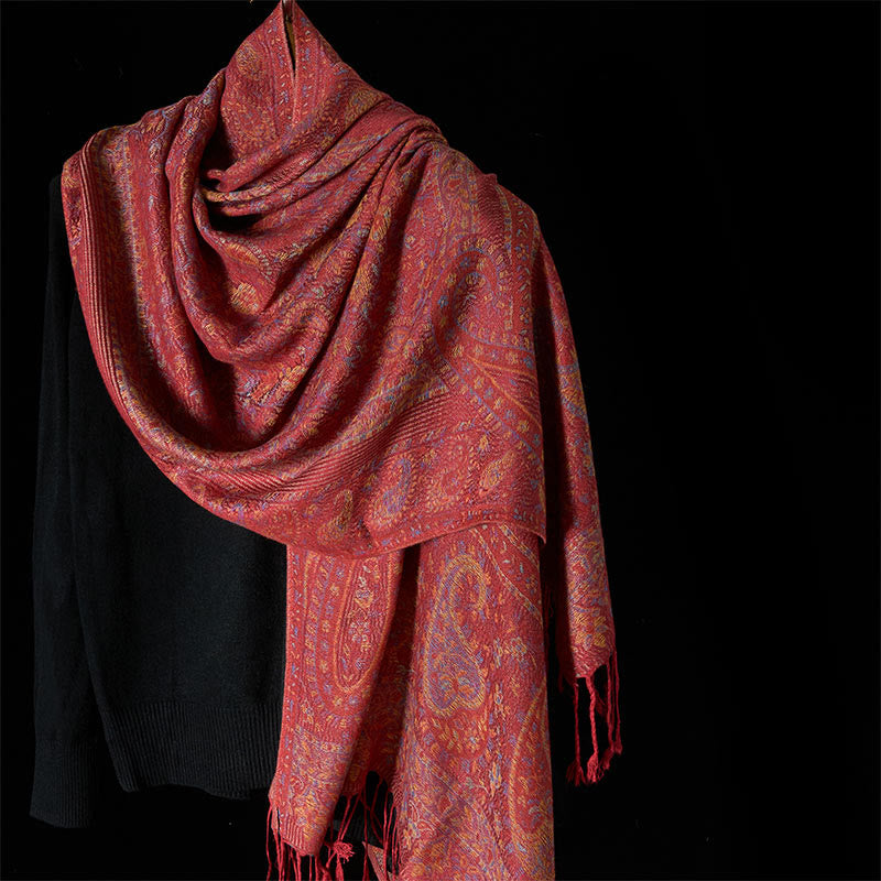 Écharpe confortable à pompons avec motif géométrique à rayures et fleurs de cajou rouges et roses de printemps - Tomate - 170*70cm - image 0