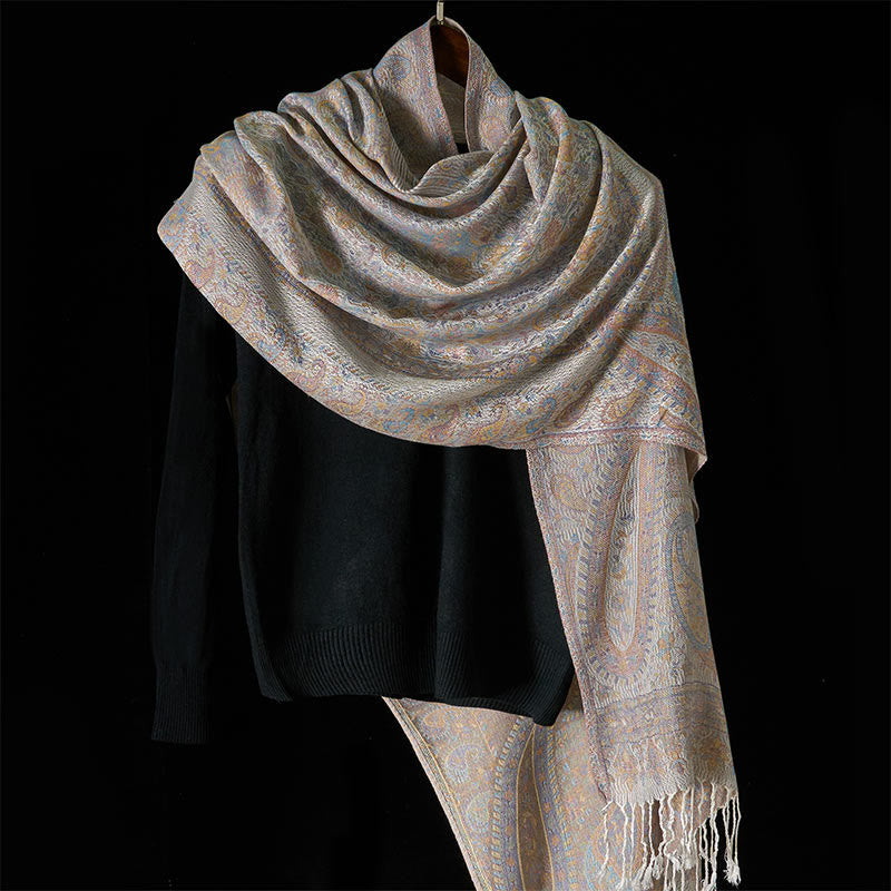 Écharpe confortable à pompons avec motif géométrique à rayures et pompons, motif Buddha Stones Spring, rose clair, beige, fleur de cajou - image 7