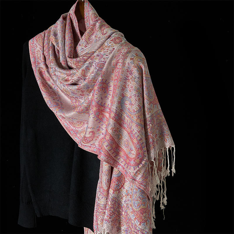 Écharpe confortable à pompons avec motif géométrique à rayures et pompons, motif Buddha Stones Spring, rose clair, beige, fleur de cajou - Rose clair - 170*70cm - image 0