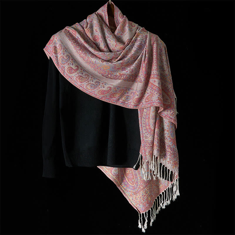 Écharpe confortable à pompons avec motif géométrique à rayures et pompons, motif Buddha Stones Spring, rose clair, beige, fleur de cajou - image 1