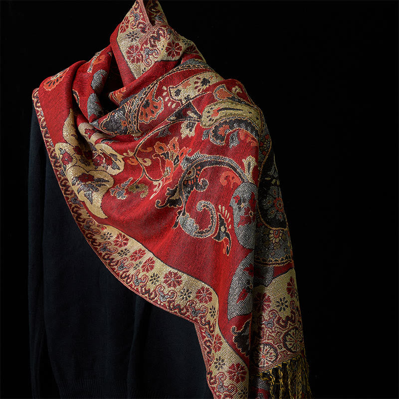 Écharpe confortable à pompons et motif géométrique floral de printemps en Buddha Stones - Rouge - 176*70cm - image 0