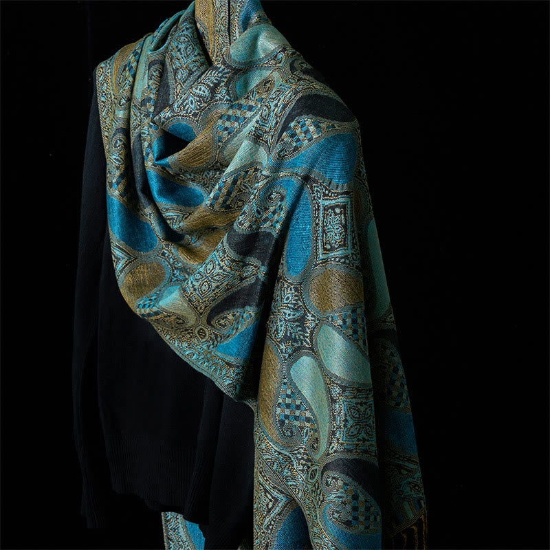 Écharpe confortable à pompons avec motif géométrique de fleurs de cajou et Buddha Stones - CadetBlue - 175*70CM - image 0