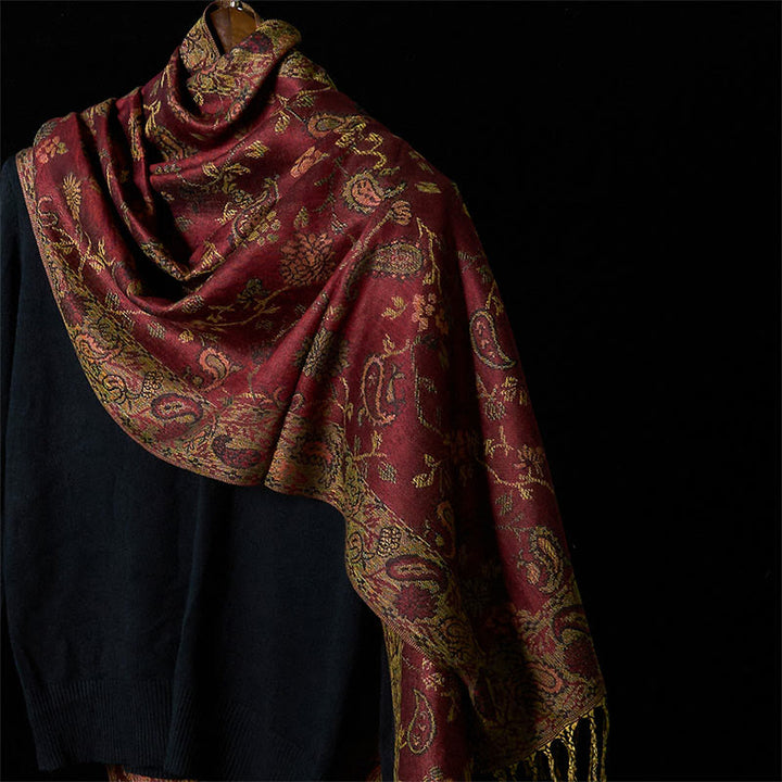 Écharpe douce à pompon avec motif floral et feuilles de cajou rouge foncé, motif Buddha Stones Spring - Rouge foncé 180*70cm - image 0