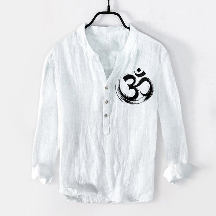 Chemise à manches longues en coton et lin pour homme, motif Buddha Stones Om, demi-boutons - Blanc - États-Unis/Royaume-Uni/AU50, EU60 (5XL) - image 6