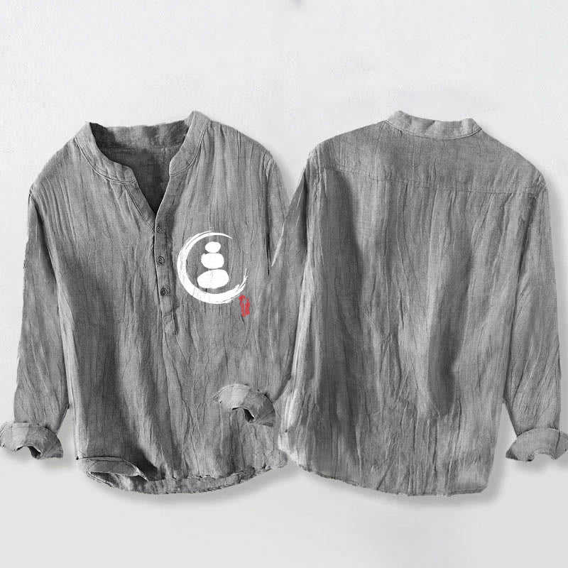 Chemise à manches longues en coton et lin pour homme, motif Buddha Stones Zen Stone, demi-boutons - image 2