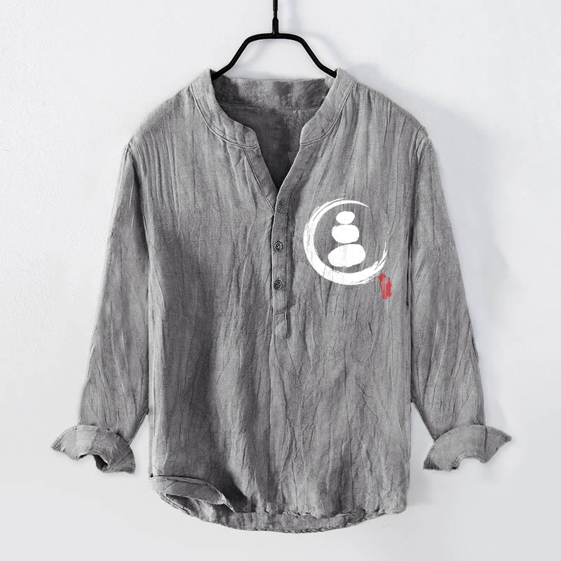 Chemise à manches longues en coton et lin pour homme, motif Buddha Stones Zen Stone, demi-boutons - Gris - États-Unis/Royaume-Uni/AU50, EU60 (5XL) - image 0