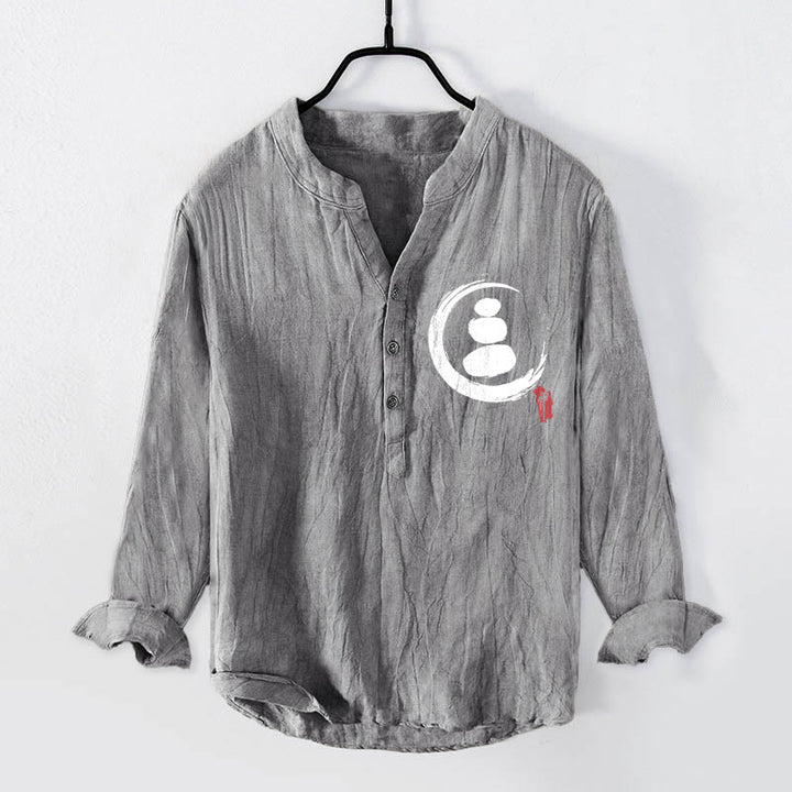 Chemise à manches longues en coton et lin pour homme, motif Buddha Stones Zen Stone, demi-boutons - Gris - États-Unis/Royaume-Uni/AU50, EU60 (5XL) - image 0