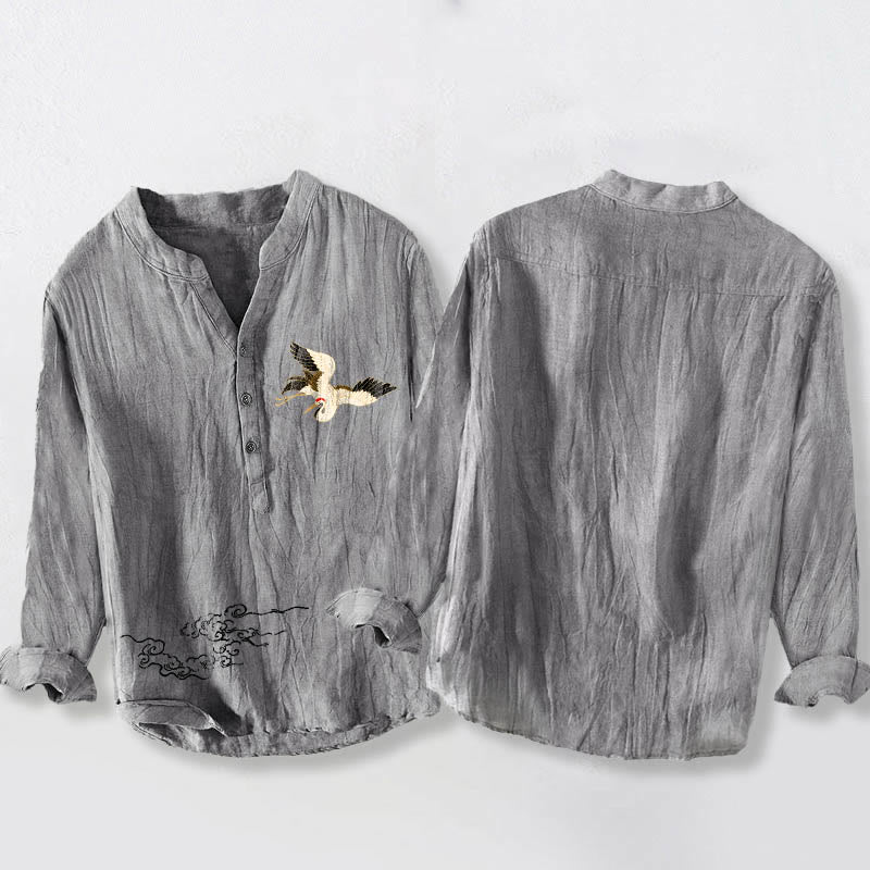 Chemise à manches longues en coton et lin pour homme, motif Buddha Stones, grue et nuages de bon augure, demi-boutons - image 2