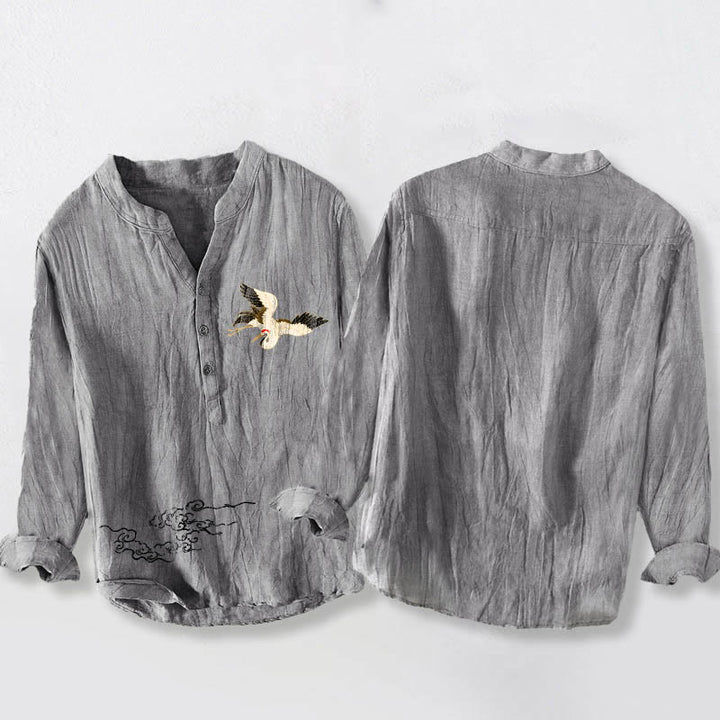 Chemise à manches longues en coton et lin pour homme, motif Buddha Stones, grue et nuages de bon augure, demi-boutons - image 2