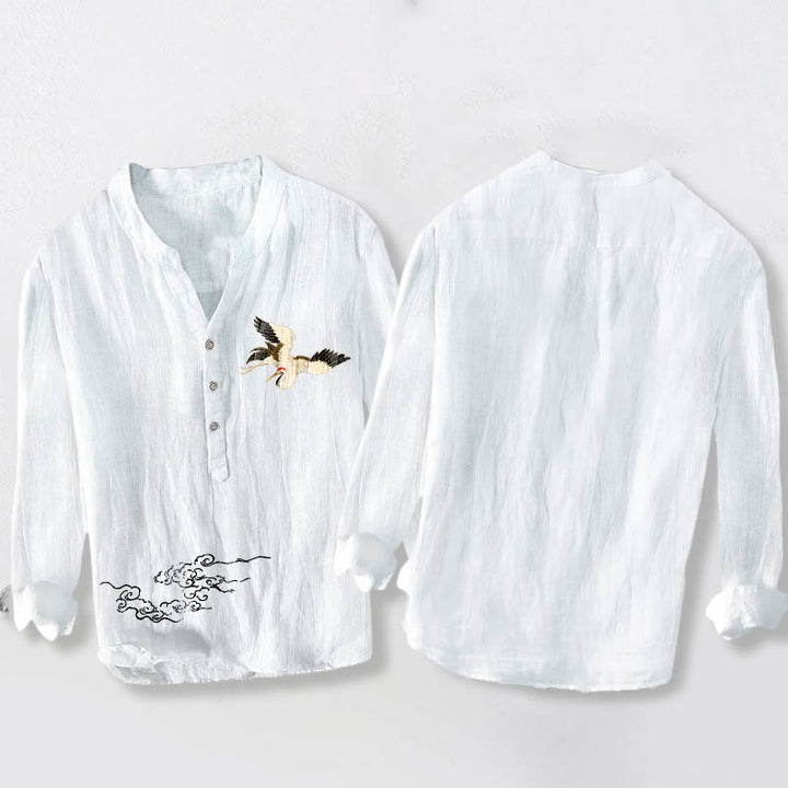 Chemise à manches longues en coton et lin pour homme, motif Buddha Stones, grue et nuages de bon augure, demi-boutons - image 8