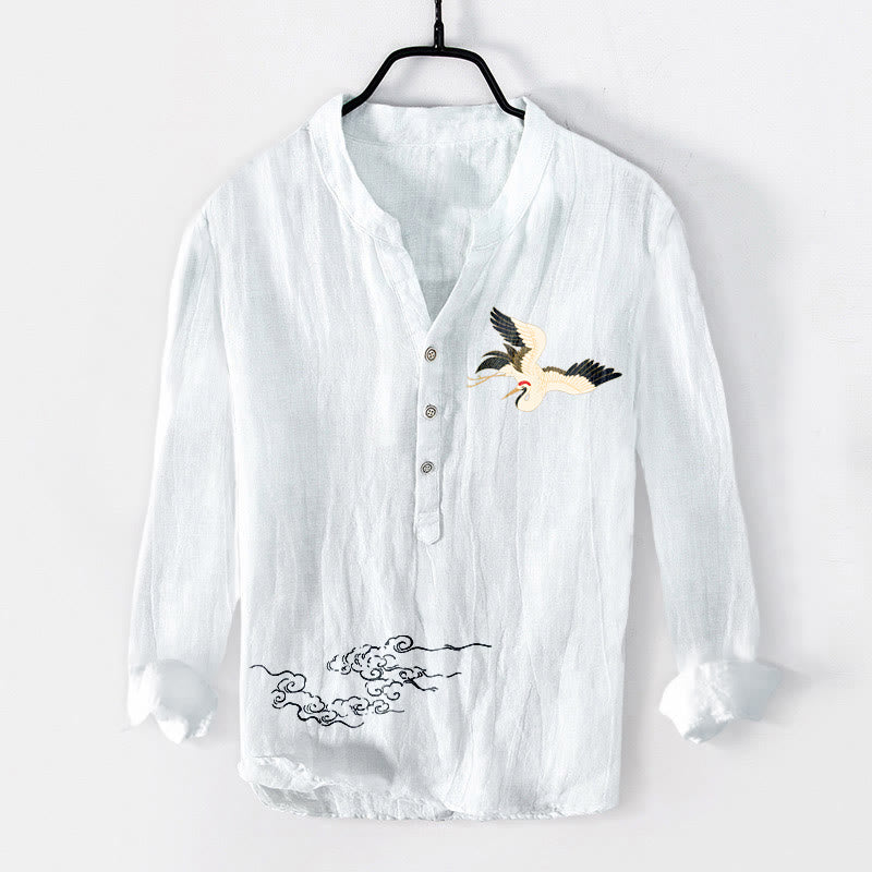 Chemise à manches longues en coton et lin pour homme, motif Buddha Stones, grue et nuages de bon augure, demi-boutons - Blanc - États-Unis/Royaume-Uni/AU50, EU60 (5XL) - image 6