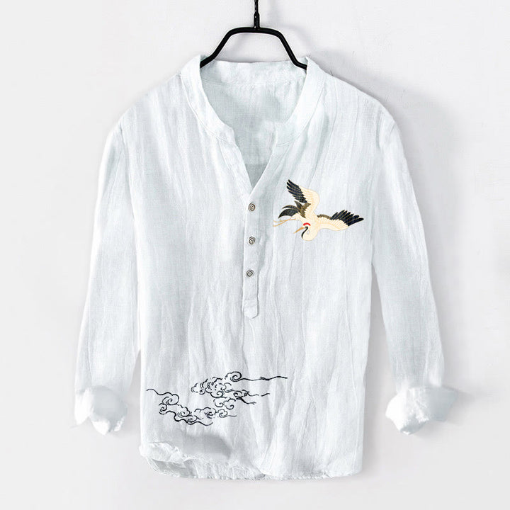 Chemise à manches longues en coton et lin pour homme, motif Buddha Stones, grue et nuages de bon augure, demi-boutons - Blanc - États-Unis/Royaume-Uni/AU50, EU60 (5XL) - image 6