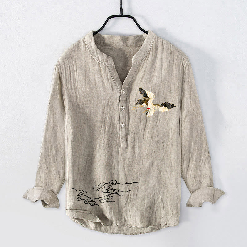 Chemise à manches longues en coton et lin pour homme, motif Buddha Stones, grue et nuages de bon augure, demi-boutons - Lin - États-Unis/Royaume-Uni/AU50, EU60 (5XL) - image 3