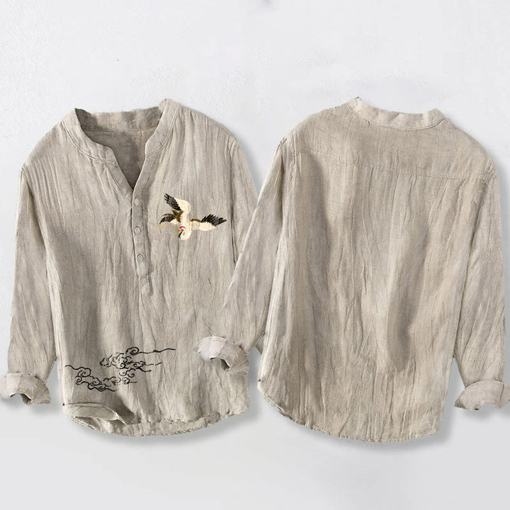 Chemise à manches longues en coton et lin pour homme, motif Buddha Stones, grue et nuages de bon augure, demi-boutons - image 5