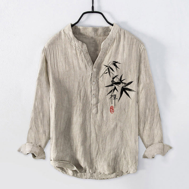 Chemise à manches longues en coton et lin pour homme, motif Buddha Stones, bambou, zen, demi-boutons - Lin - États-Unis/Royaume-Uni/AU50, EU60 (5XL) - image 0