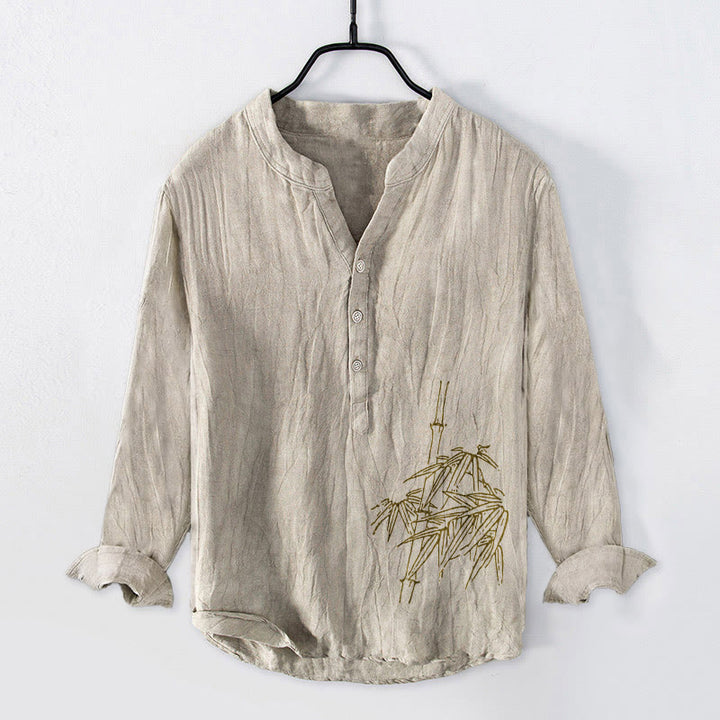 Chemise à manches longues en coton et lin pour homme, motif feuilles de bambou et Buddha Stones , demi-boutons - Lin - États-Unis/Royaume-Uni/AU50, EU60 (5XL) - image 6