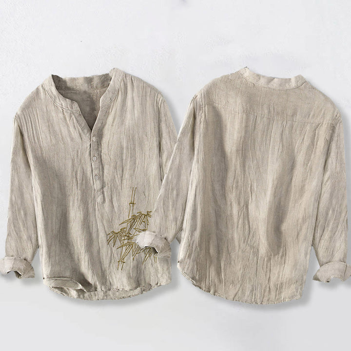 Chemise à manches longues en coton et lin pour homme, motif feuilles de bambou et Buddha Stones , demi-boutons - image 8