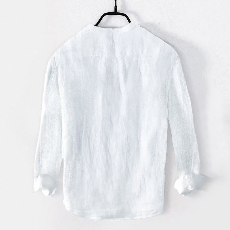 Chemise à manches longues en coton et lin pour homme, motif feuilles de bambou vertes et Buddha Stones , demi-boutons - image 7