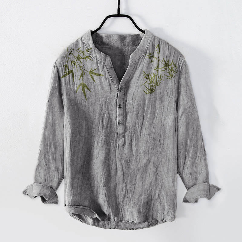 Chemise à manches longues en coton et lin pour homme, motif feuilles de bambou vertes et Buddha Stones , demi-boutons - Gris - États-Unis/Royaume-Uni/AU50, EU60 (5XL) - image 3