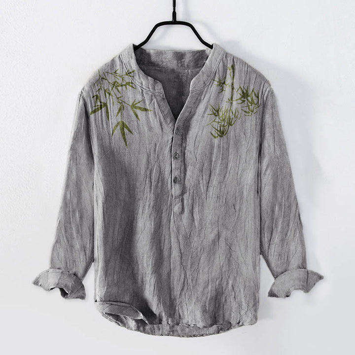 Chemise à manches longues en coton et lin pour homme, motif feuilles de bambou vertes et Buddha Stones , demi-boutons - Gris - États-Unis/Royaume-Uni/AU50, EU60 (5XL) - image 3