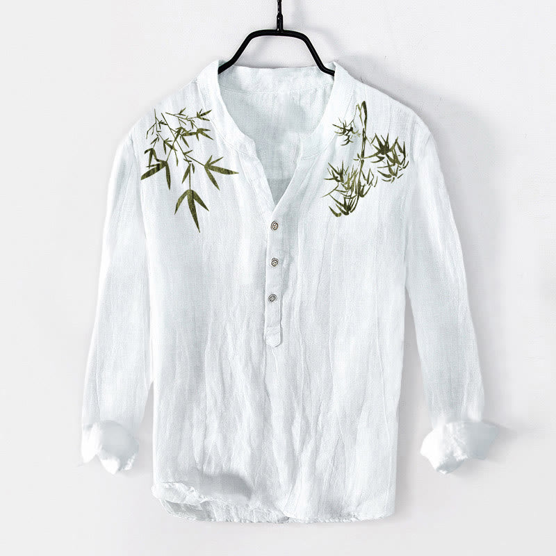 Chemise à manches longues en coton et lin pour homme, motif feuilles de bambou vertes et Buddha Stones , demi-boutons - Blanc - États-Unis/Royaume-Uni/AU50, EU60 (5XL) - image 6