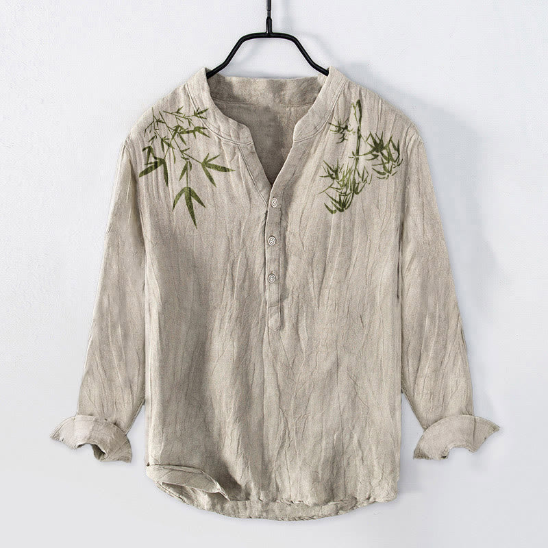 Chemise à manches longues en coton et lin pour homme, motif feuilles de bambou vertes et Buddha Stones , demi-boutons - Lin - États-Unis/Royaume-Uni/AU50, EU60 (5XL) - image 0