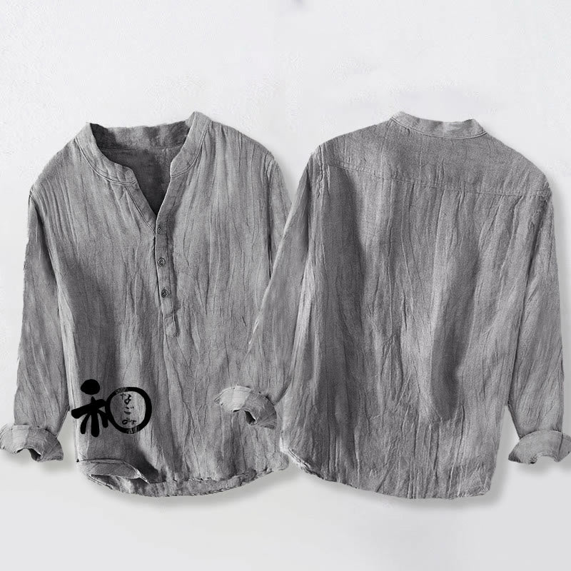 Chemise à manches longues en coton et lin pour homme, motif Buddha Stones, caractères chinois, harmonie, demi-boutons - image 8