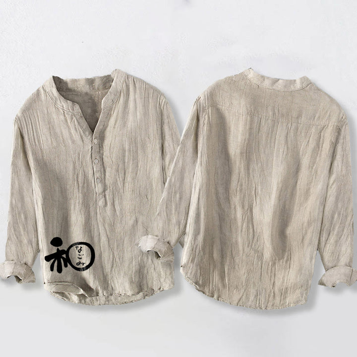 Chemise à manches longues en coton et lin pour homme, motif Buddha Stones, caractères chinois, harmonie, demi-boutons - image 5