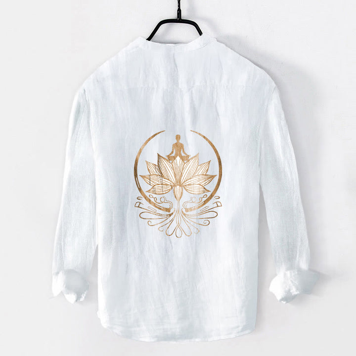 Chemise à manches longues en coton et lin pour homme, Buddha Stones et méditation, motif lotus, demi-boutons - image 8