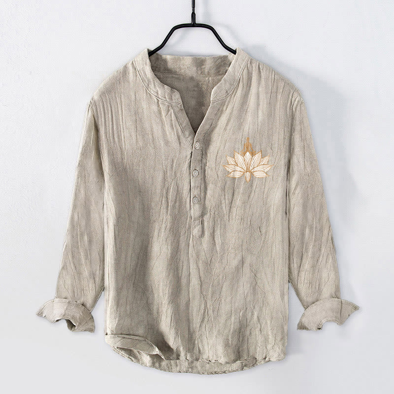 Chemise à manches longues en coton et lin pour homme, Buddha Stones et méditation, motif lotus, demi-boutons - image 4