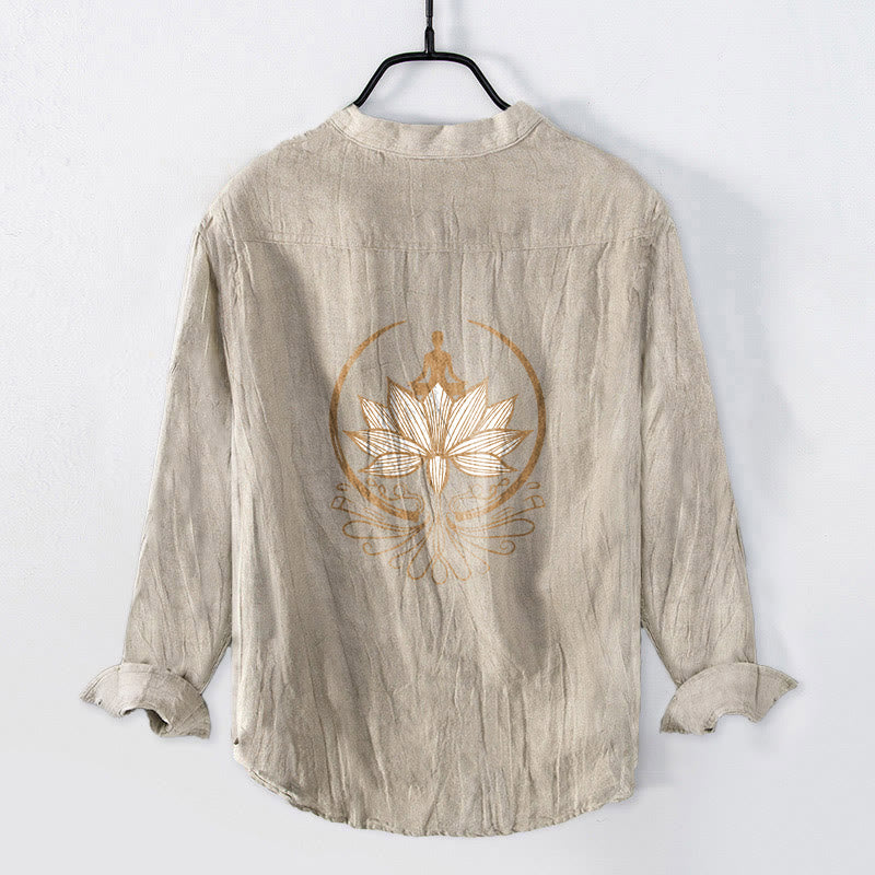 Chemise à manches longues en coton et lin pour homme, Buddha Stones et méditation, motif lotus, demi-boutons - image 5