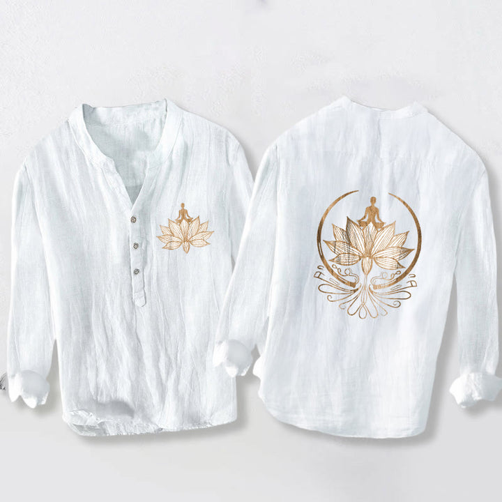 Chemise à manches longues en coton et lin pour homme, Buddha Stones et méditation, motif lotus, demi-boutons - Blanc - États-Unis/Royaume-Uni/AU50, EU60 (5XL) - image 6