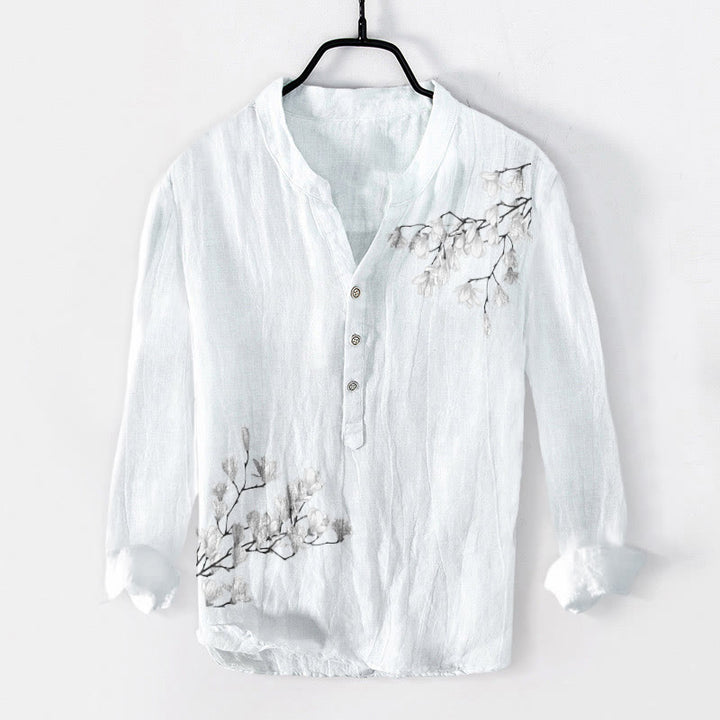 Chemise à manches longues en coton et lin pour homme, motif Buddha Stones, fleurs de magnolia, branches, demi-boutons - Blanc - États-Unis/Royaume-Uni/AU50, EU60 (5XL) - image 6