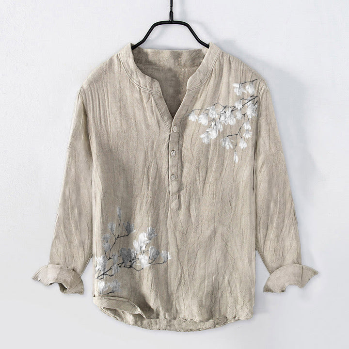Chemise à manches longues en coton et lin pour homme, motif Buddha Stones, fleurs de magnolia, branches, demi-boutons - Lin - États-Unis/Royaume-Uni/AU50, EU60 (5XL) - image 3