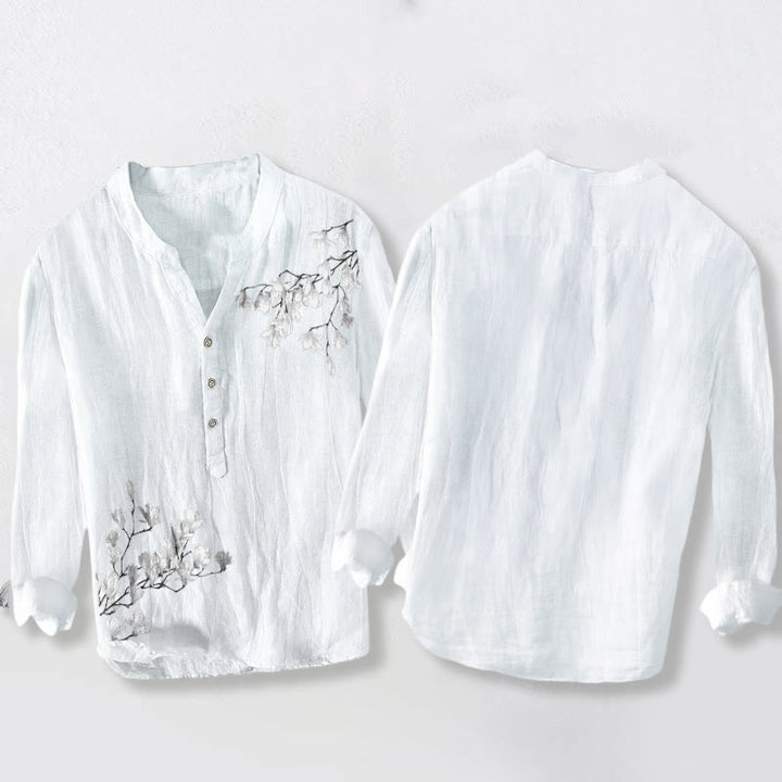 Chemise à manches longues en coton et lin pour homme, motif Buddha Stones, fleurs de magnolia, branches, demi-boutons - image 8