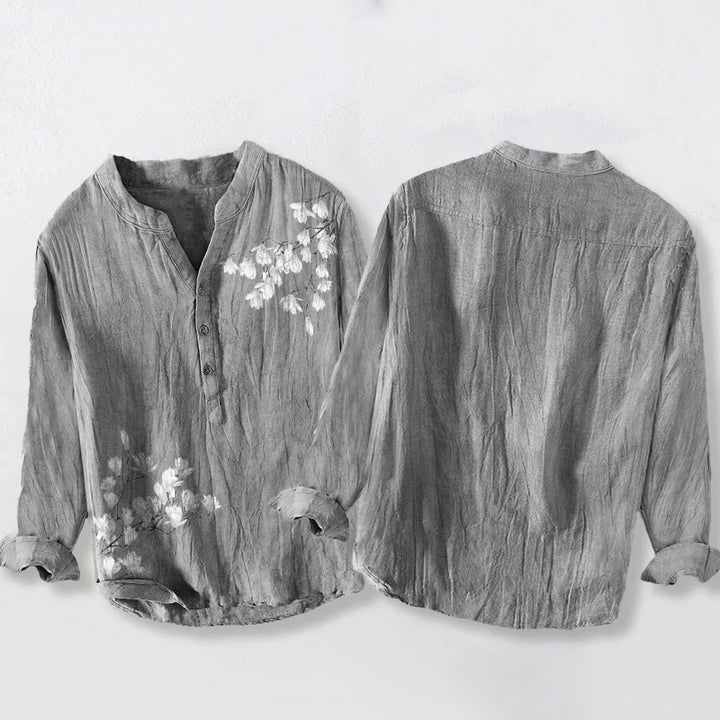 Chemise à manches longues en coton et lin pour homme, motif Buddha Stones, fleurs de magnolia, branches, demi-boutons - image 2