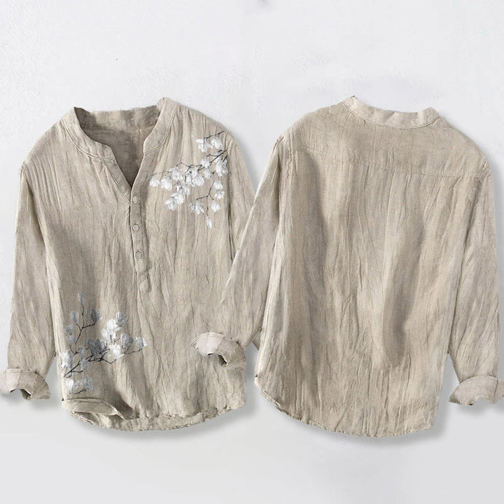 Chemise à manches longues en coton et lin pour homme, motif Buddha Stones, fleurs de magnolia, branches, demi-boutons - image 5