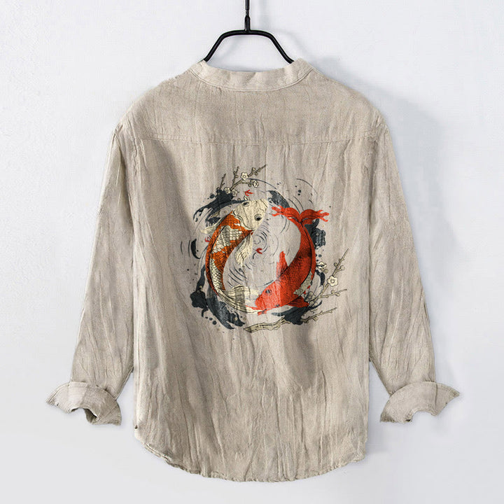 Chemise à manches longues en coton et lin pour homme, motif Buddha Stones koï rouge et blanc, demi-boutons, motif Yin Yang - image 2