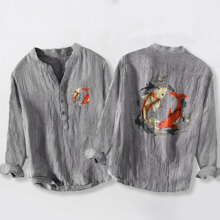 Chemise à manches longues en coton et lin pour homme, motif Buddha Stones koï rouge et blanc, demi-boutons, motif Yin Yang - Gris - États-Unis/Royaume-Uni/AU50, EU60 (5XL) - image 3