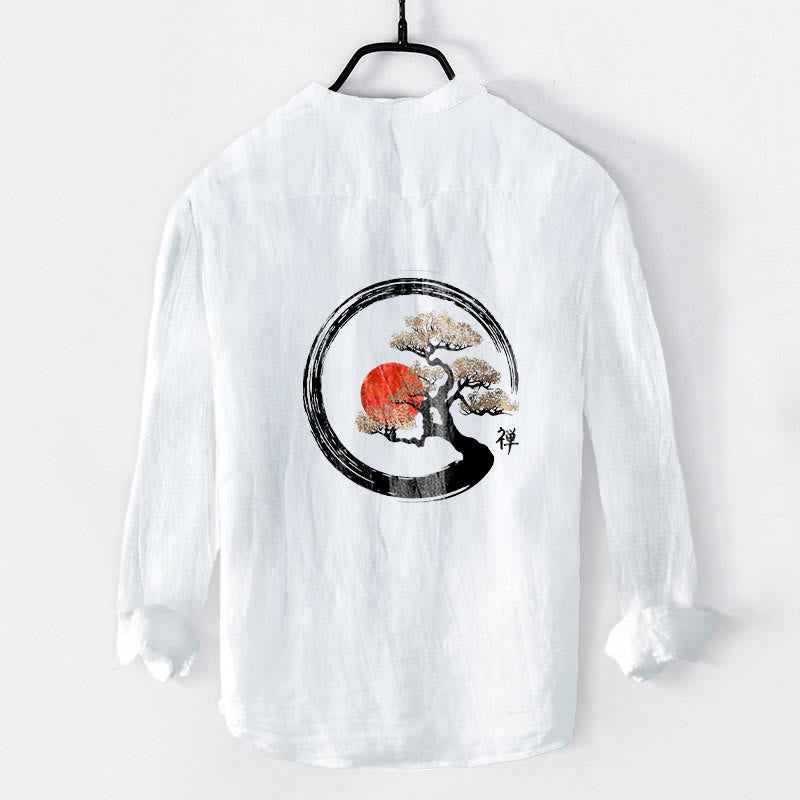Chemise à manches longues en coton et lin pour homme, motif Buddha Stones, zen, pin, soleil, demi-boutons - image 8
