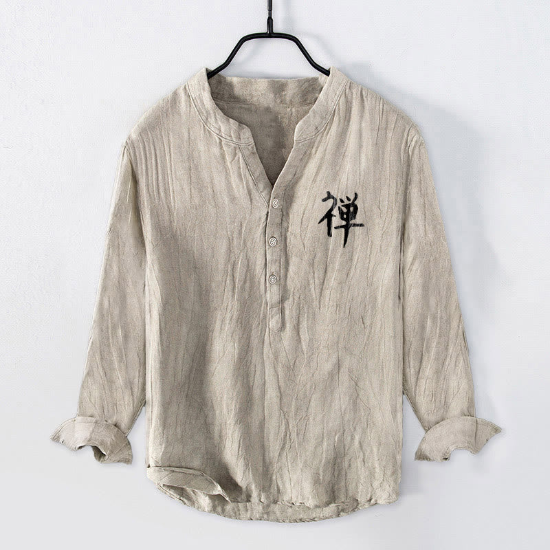 Chemise à manches longues en coton et lin pour homme, motif Buddha Stones, zen, pin, soleil, demi-boutons - image 4