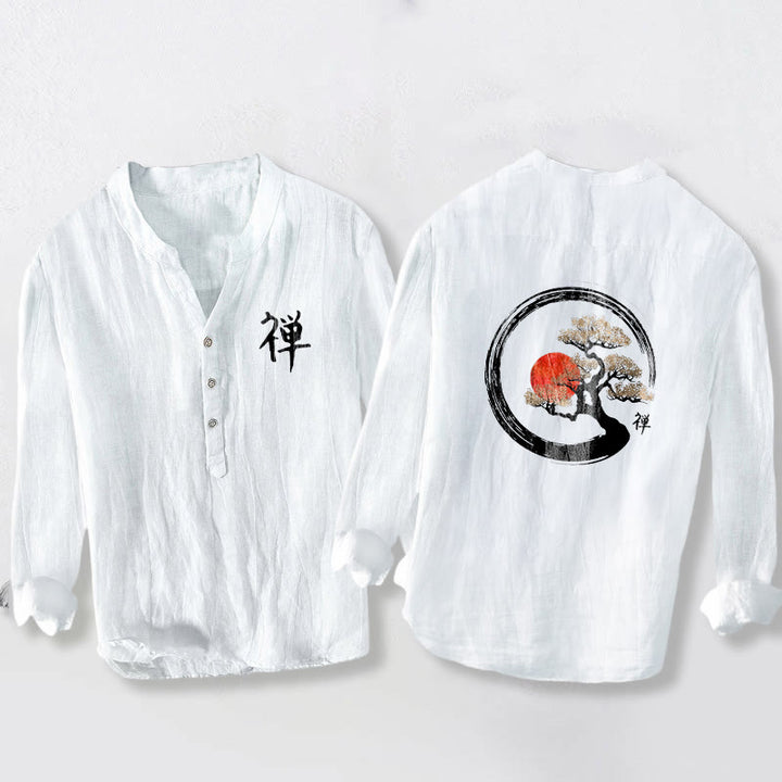 Chemise à manches longues en coton et lin pour homme, motif Buddha Stones, zen, pin, soleil, demi-boutons - Blanc - États-Unis/Royaume-Uni/AU50, EU60 (5XL) - image 6