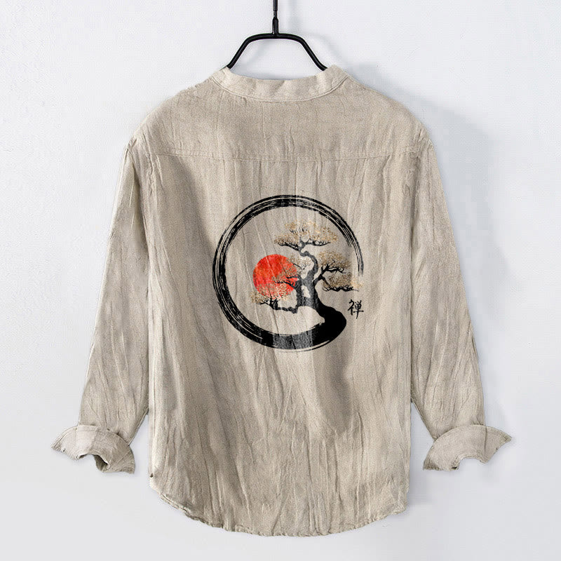 Chemise à manches longues en coton et lin pour homme, motif Buddha Stones, zen, pin, soleil, demi-boutons - image 5