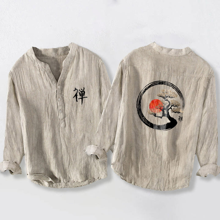 Chemise à manches longues en coton et lin pour homme, motif Buddha Stones, zen, pin, soleil, demi-boutons - Lin - États-Unis/Royaume-Uni/AU50, EU60 (5XL) - image 3