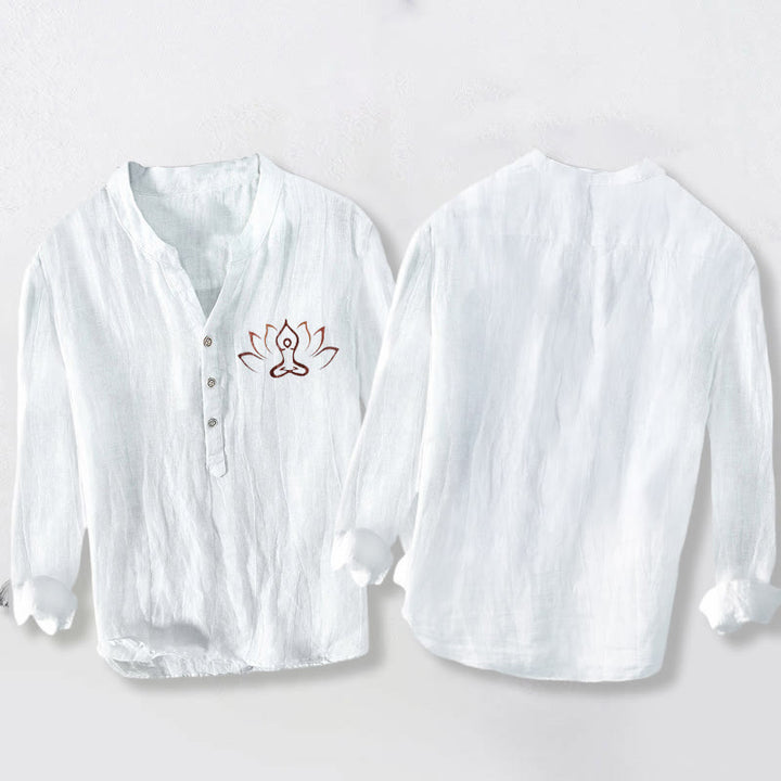 Chemise à manches longues en coton et lin pour homme, motif Buddha Stones, lotus et méditation, demi-boutons - image 8