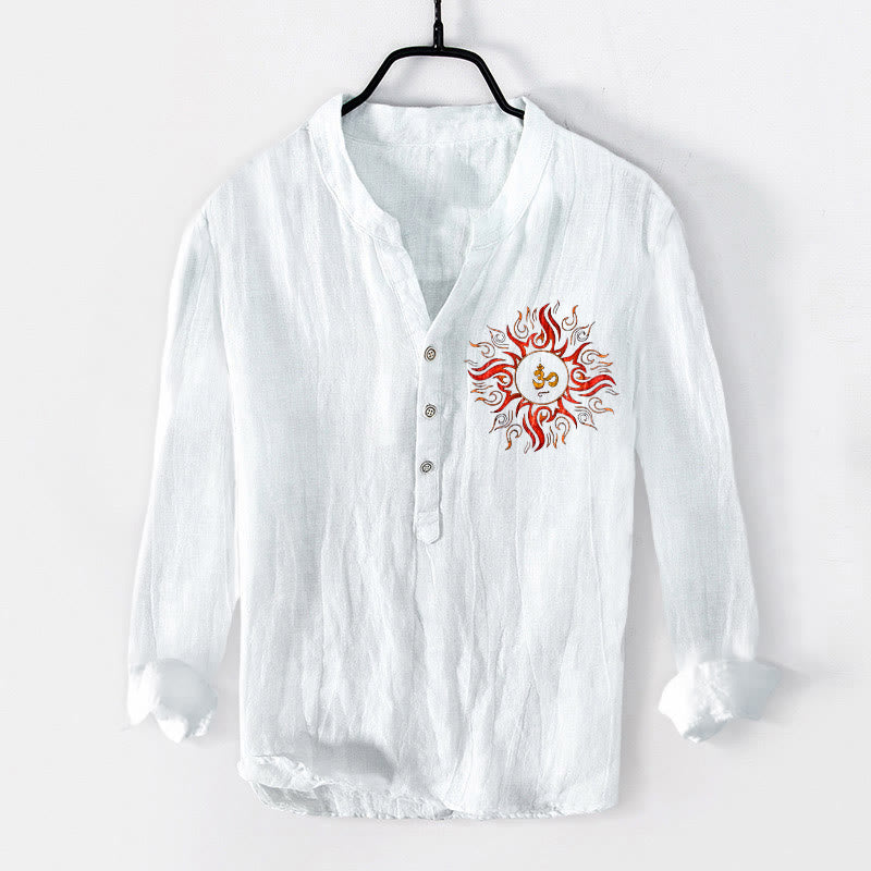 Chemise à manches longues en coton et lin pour homme, motif soleil et Buddha Stones , symbole OM, demi-boutons - Blanc - États-Unis/Royaume-Uni/AU50, EU60 (5XL) - image 6