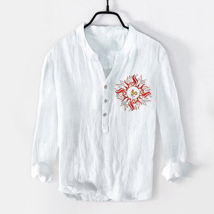 Chemise à manches longues en coton et lin pour homme, motif soleil et Buddha Stones , symbole OM, demi-boutons - Blanc - États-Unis/Royaume-Uni/AU50, EU60 (5XL) - image 6