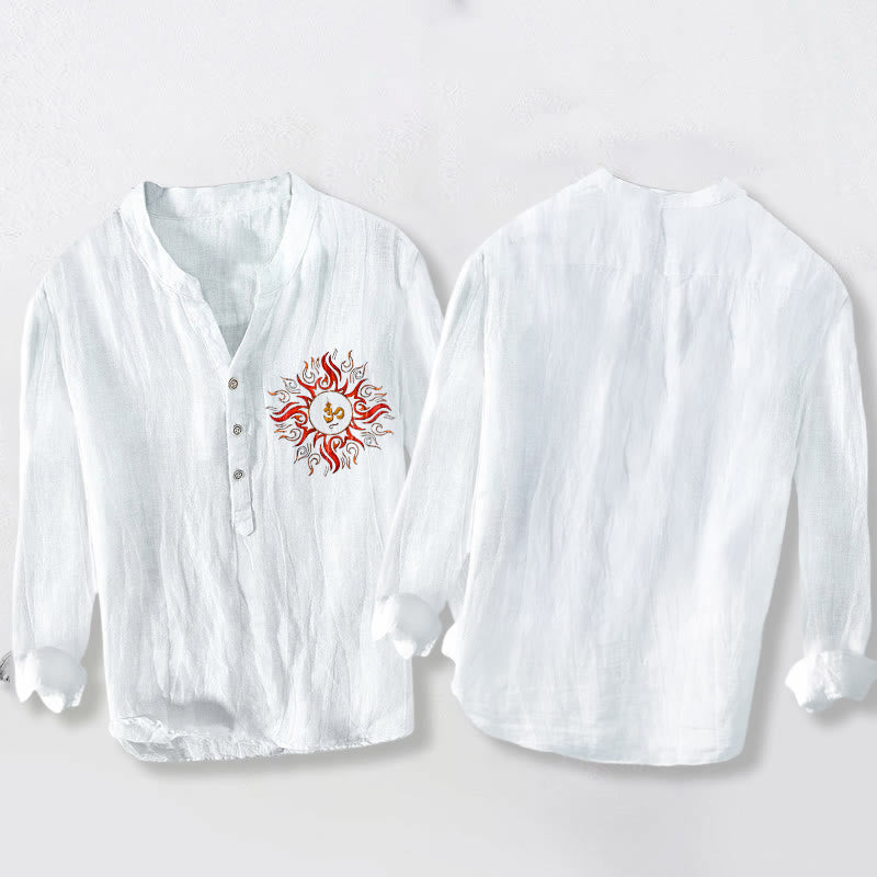 Chemise à manches longues en coton et lin pour homme, motif soleil et Buddha Stones , symbole OM, demi-boutons - image 8