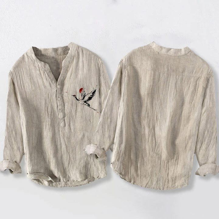 Chemise à manches longues en coton et lin pour homme, motif Buddha Stones, grue volante et soleil, demi-boutons - image 2