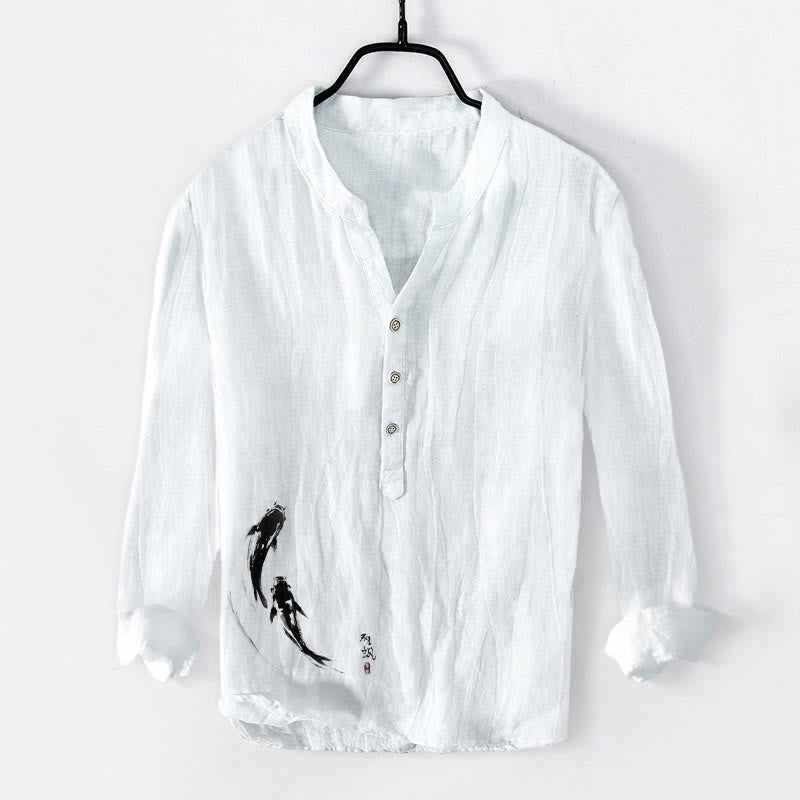 Chemise à manches longues en coton et lin pour homme, motif Buddha Stones et deux poissons koï, demi-boutons - Blanc - États-Unis/Royaume-Uni/AU50, EU60 (5XL) - image 6